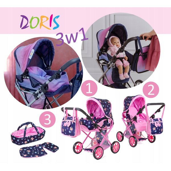Doris 3-in-1 Puppenwagen-Set mit Puppe und Zubehör: Geräusche, Tasche, Wickelauflage