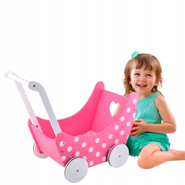 Diepe houten kinderwagen voor Gaby-poppen, roze, met hartjes Groep 4iQ