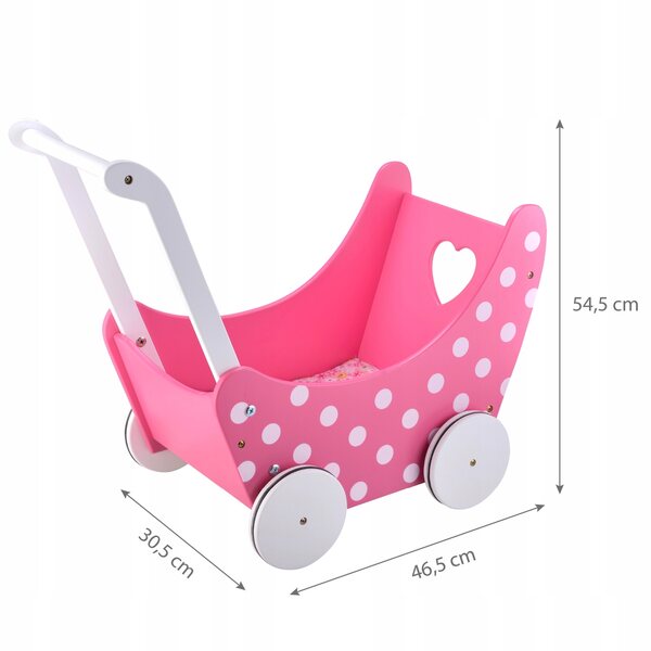Diepe houten kinderwagen voor Gaby-poppen, roze, met hartjes Groep 4iQ