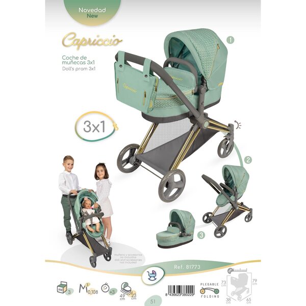 DeCuevas Capriccio 2025 3-in-1 faltbarer Puppenwagen mit Tasche