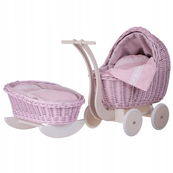 Set bestehend aus einem Korbwagen und einem Puppenbettchen mit rosa Besatz und Bettwäsche
