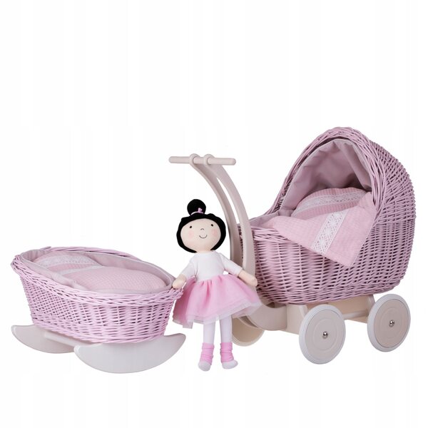 Set composto da passeggino in vimini e culla per bambola con finiture e biancheria da letto rosa