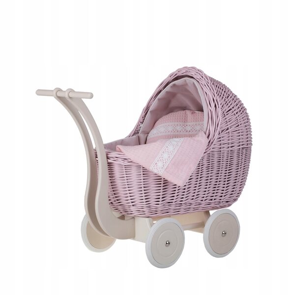 Set composto da passeggino in vimini e culla per bambola con finiture e biancheria da letto rosa