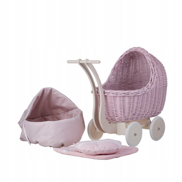 Set composto da passeggino in vimini e culla per bambola con finiture e biancheria da letto rosa