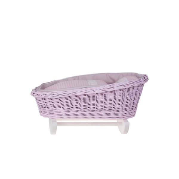 Set composto da passeggino in vimini e culla per bambola con finiture e biancheria da letto rosa