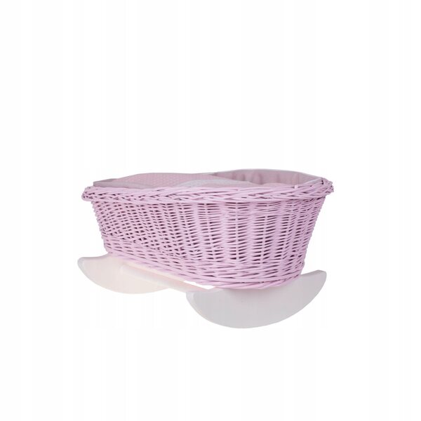 Set composto da passeggino in vimini e culla per bambola con finiture e biancheria da letto rosa