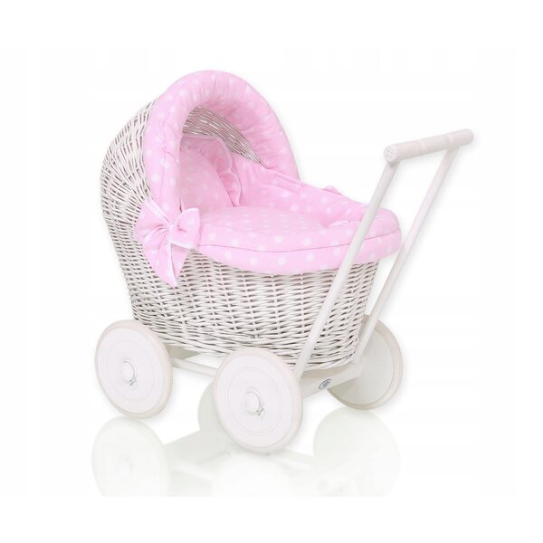 Diepwitte rieten poppenwagen met roze lakens - My Sweet Baby