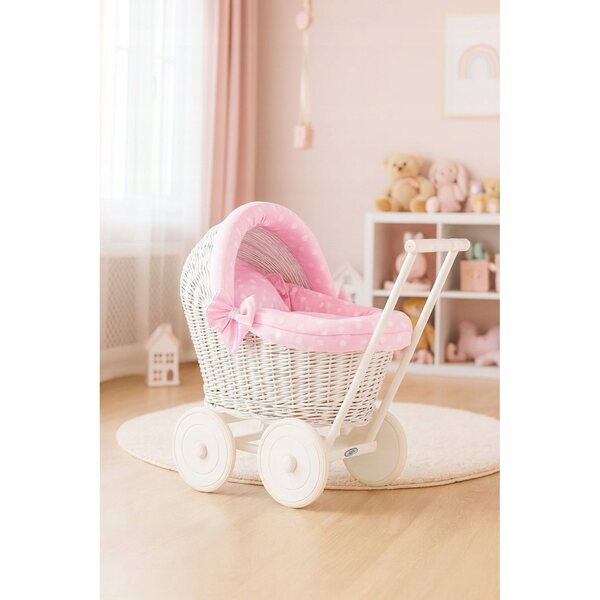 Diepwitte rieten poppenwagen met roze lakens - My Sweet Baby