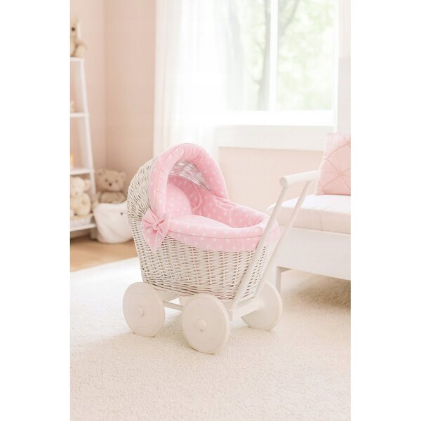 Diepwitte rieten poppenwagen met roze lakens - My Sweet Baby
