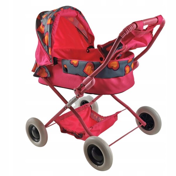 ATIX tiefer zusammenklappbarer Puppenwagen, rosa, mit großen Herzen