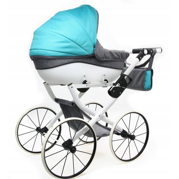 Puppenwagen aus tiefgrauem und blauem Stoff mit Stahlrahmen