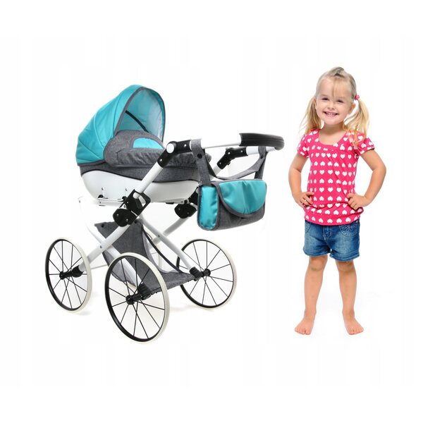 Poussette de poupée en tissu gris foncé et bleu avec structure en acier