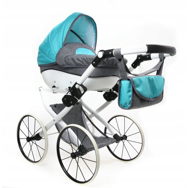 Poussette de poupée en tissu gris foncé et bleu avec structure en acier