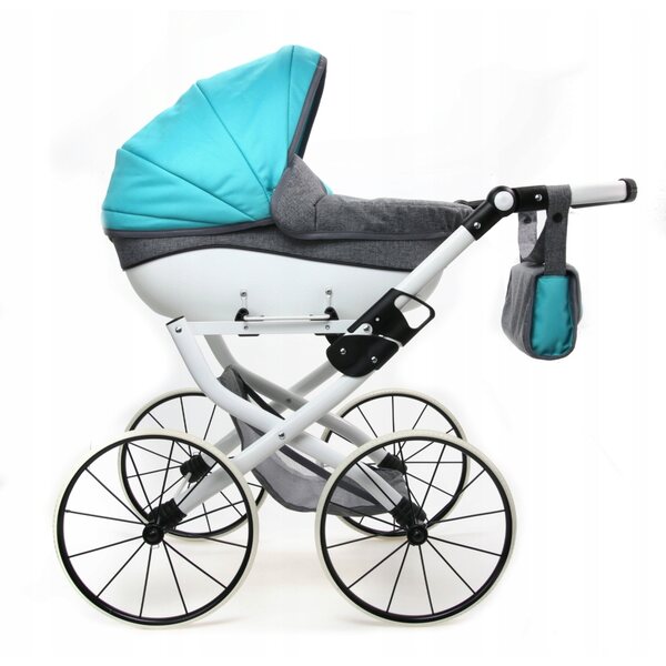 Poussette de poupée en tissu gris foncé et bleu avec structure en acier
