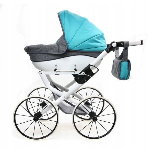 Poussette de poupée en tissu gris foncé et bleu avec structure en acier