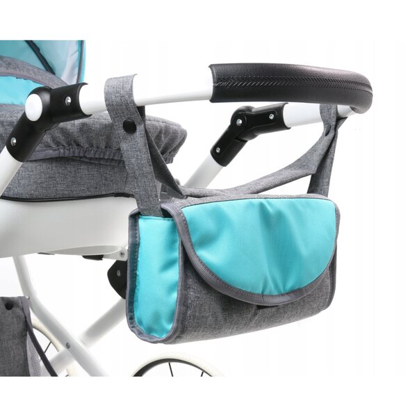 Poussette de poupée en tissu gris foncé et bleu avec structure en acier