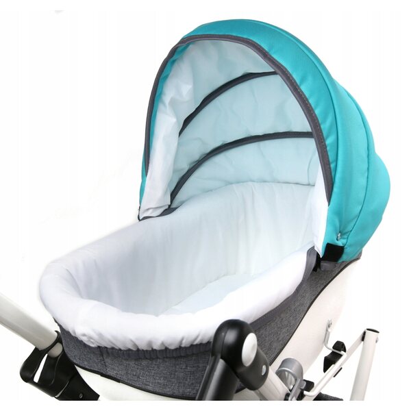 Poussette de poupée en tissu gris foncé et bleu avec structure en acier