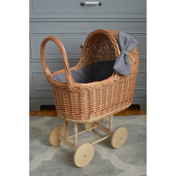 Puppenwagen aus Naturgeflecht mit eleganter gepolsterter Schleife