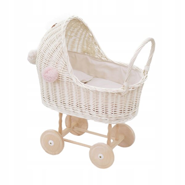 Passeggino per bambole in vimini bianco con pompon e finiture beige