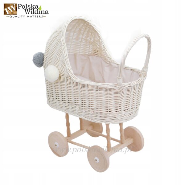 Passeggino per bambole in vimini bianco con pompon e finiture beige