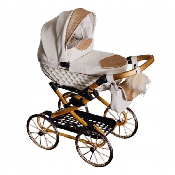 Adbor Lulu Puppenwagen aus weißem und goldenem Kunstleder mit Zubehör 2025
