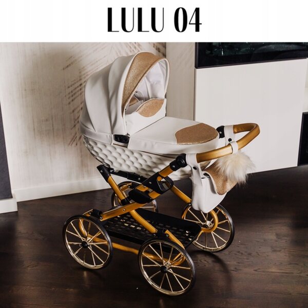 Adbor Lulu Puppenwagen aus weißem und goldenem Kunstleder mit Zubehör 2025