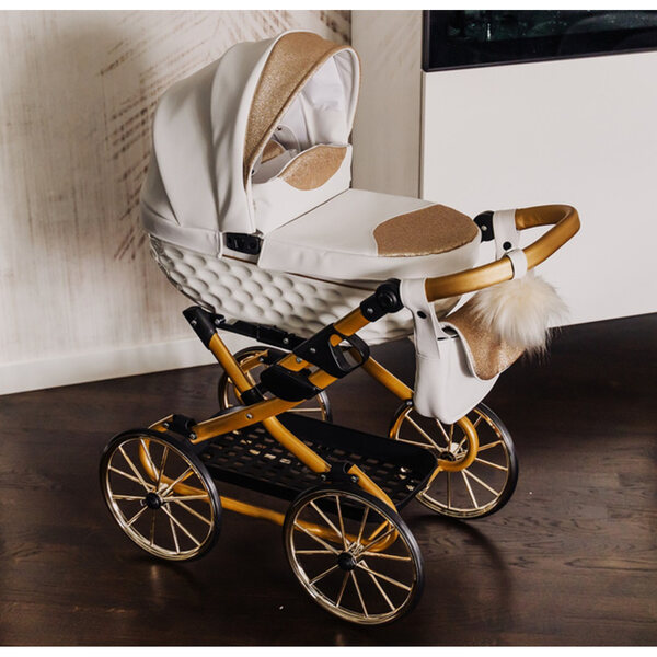 Adbor Lulu Puppenwagen aus weißem und goldenem Kunstleder mit Zubehör 2025