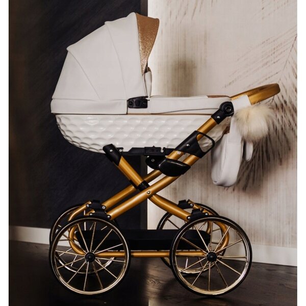 Adbor Lulu Puppenwagen aus weißem und goldenem Kunstleder mit Zubehör 2025