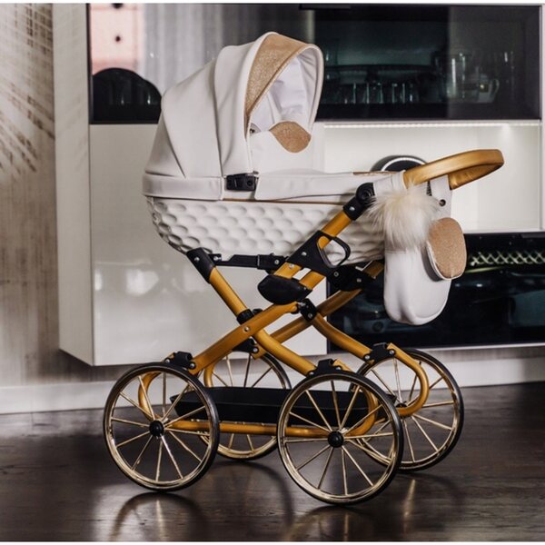 Adbor Lulu Puppenwagen aus weißem und goldenem Kunstleder mit Zubehör 2025