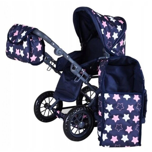 Knorrtoys 3-in-1-Ruby-Puppenkinderwagen mit Zubehör und blau-rosa Sterndesign