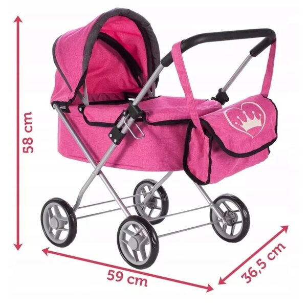Passeggino per bambole MalPlay profondo con borsa e manico regolabile rosa