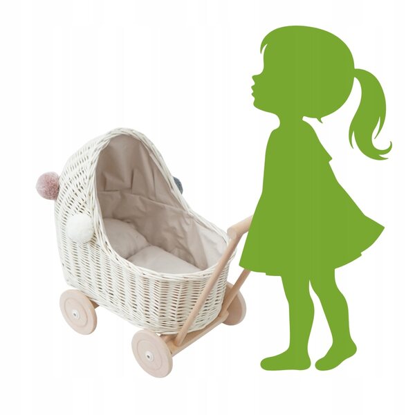 Passeggino in vimini bianco con finiture beige e pompon per bambole, ruote regolabili