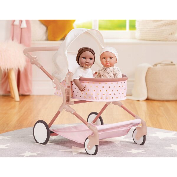 Doppelter, tief verstellbarer Kinderwagen für 35-cm-Puppen mit drehbaren Rädern