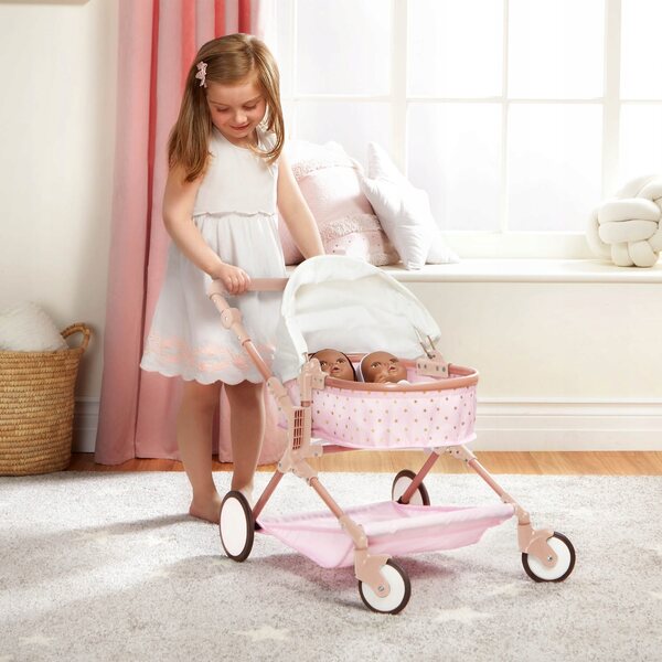 Doppelter, tief verstellbarer Kinderwagen für 35-cm-Puppen mit drehbaren Rädern