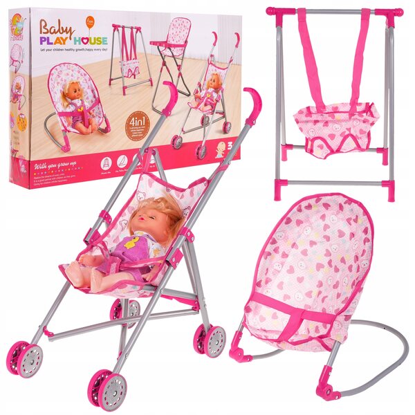 3-in-1-Puppenset mit Kinderwagen, Schaukel und Schaukelstuhl für Kinder ab 3 Jahren