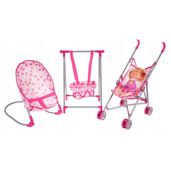 3-in-1-Puppenset mit Kinderwagen, Schaukel und Schaukelstuhl für Kinder ab 3 Jahren