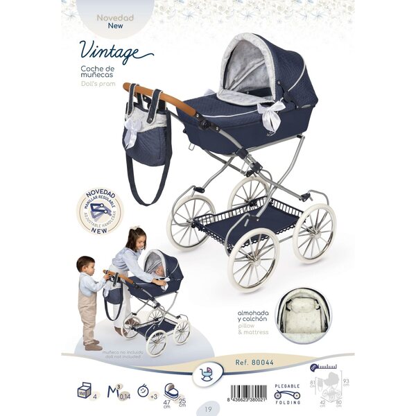 DeCuevas Vintage 2025 Zusammenklappbarer Puppenwagen mit Tasche und Zubehör, 81 cm