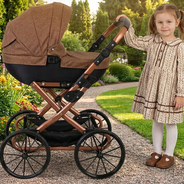 Großer faltbarer Puppenwagen mit Stoßdämpfern und tiefer Wiege