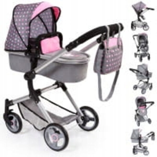 BAYER Design Neo Vario 2 in 1 grau-rosa Puppenwagen mit verstellbarem Griff