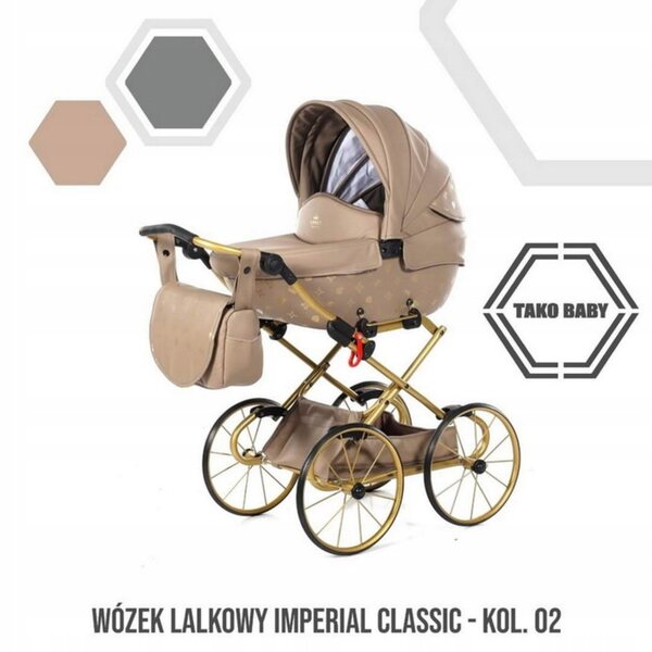 Passeggino per bambole TAKO Imperial Mini Classic beige e oro - alta qualità