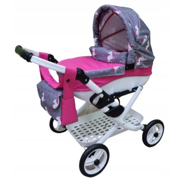 Diepe poppenwagen Adbor LILY, grijs met witte eenhoorns, stevig en veilig