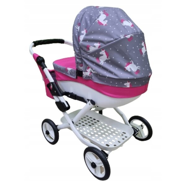 Diepe poppenwagen Adbor LILY, grijs met witte eenhoorns, stevig en veilig