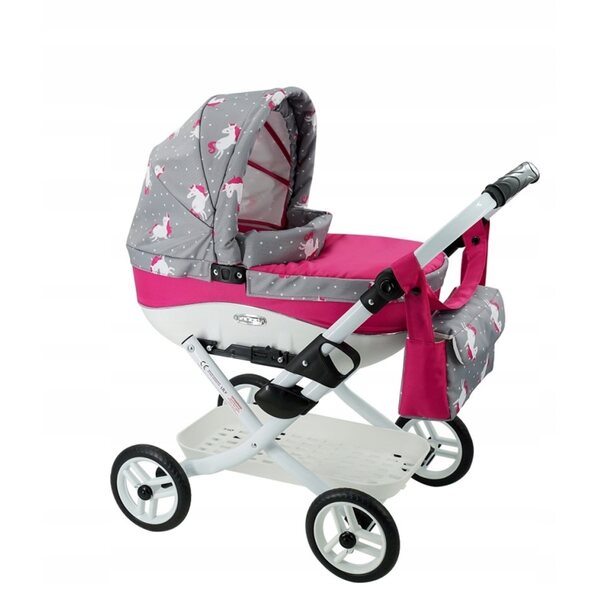 Diepe poppenwagen Adbor LILY, grijs met witte eenhoorns, stevig en veilig