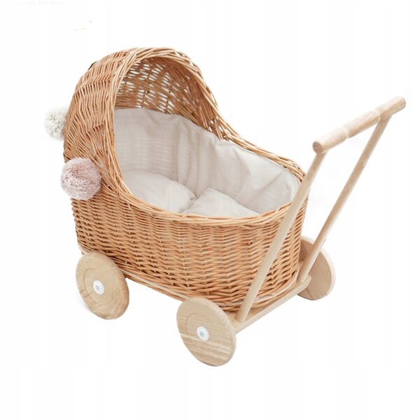 Puppenkinderwagen aus Naturgeflecht, niedrig mit Pompons und beigem Polster