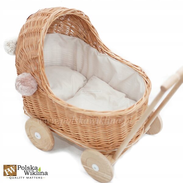 Passeggino per bambole in midollino naturale, basso con pomponi e rivestimento beige