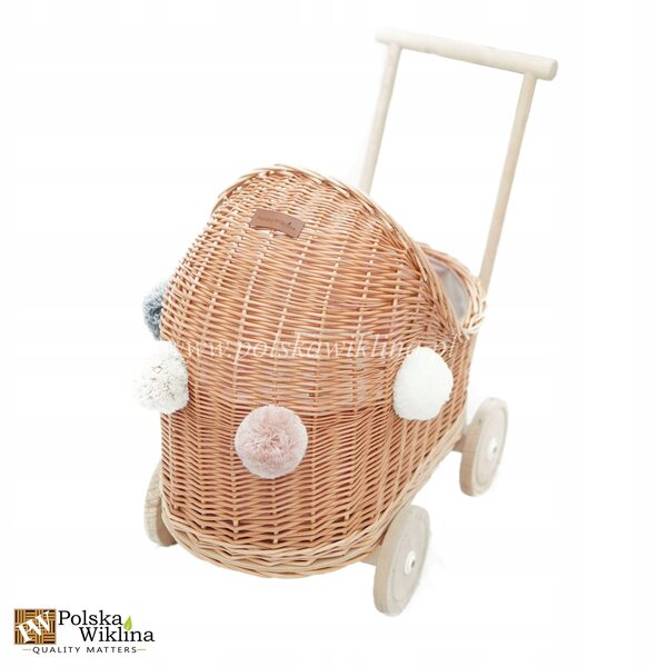 Passeggino per bambole in midollino naturale, basso con pomponi e rivestimento beige