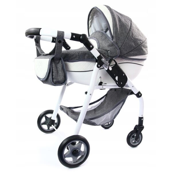 Diepe poppenwagen met stuurwielen en bekleding van eco-leer
