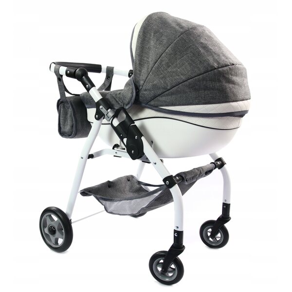 Diepe poppenwagen met stuurwielen en bekleding van eco-leer