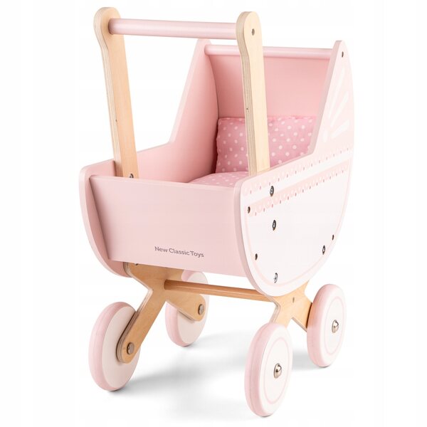 Puppenwagen aus Holz, tiefrosa, neues klassisches Spielzeug mit Zubehör