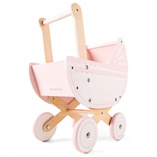Puppenwagen aus Holz, tiefrosa, neues klassisches Spielzeug mit Zubehör
